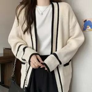 여성 노버튼 주머니 카라 배색 두툼한 니트 롱 가디건크롭 간절기 라운드 봄자켓 가을 체크 가디건 여자 브