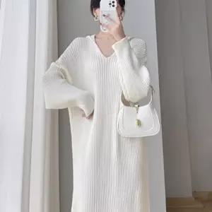 여성 3컬러 루즈핏 브이넥 후드 니트골지 롱원피스