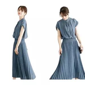 와칸다 여성 여친 원피스 쉬폰 프렌치 여름 반팔 단추 플리츠 스커트 KKE1