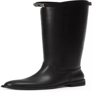 여성용 iiimmu 라이딩 부츠 실버 버클 무릎 하이 라운드 토 인조 가죽 오토바이 스타일