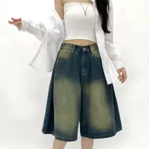 [다잇템]여자 버뮤다 넓은 옆핀턱 백밴딩 청반바지 (37564171A)