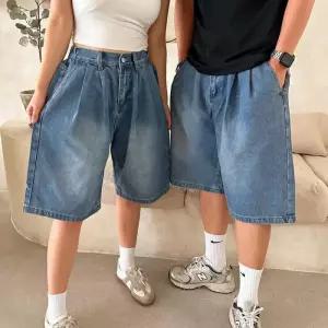 [다잇템]여자 넓은 남자 버뮤다 백밴딩 워싱 청반바지 (37564177A)