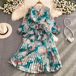 무천도사 여친 여성 원피스 빈티지 A라인 레이스 봄가을 라운드넥 러블리 프린트 롱스커트 케이크 프릴 긴