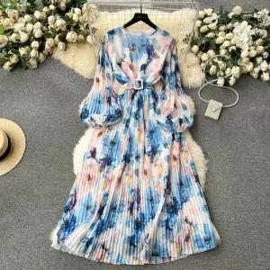 무천도사 치마 원피스 여사친 여성용 미디 쉬폰 봄가을 레이스 주름 헤비메탈 셔링 퍼프소매 프렌치도라지