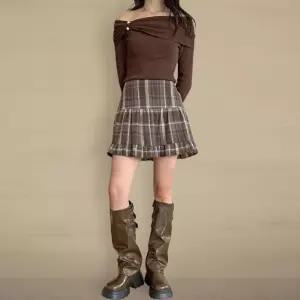[신상오픈런]여성 체크 프릴 캉캉 미니 스커트 뒷밴딩 핀턱 디자인 (42304782)