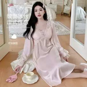 분홍 잠옷 봄가을 잠옷세트 긴팔 레이스 실내복 패드 커플 쿨링 펀칭 OP3