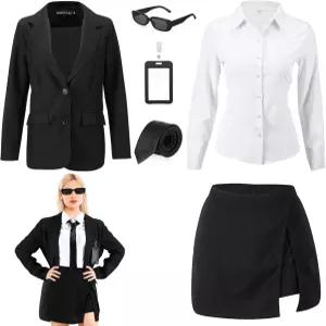 여성 블랙 블 재킷 셔츠를 위한 재미있는 할로윈 에이전트 외계인 코스튬 코스프레를 타이 ID 배지(S)