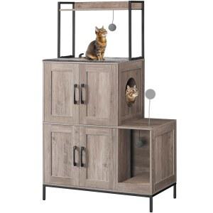 후브로 고양이 쓰레기통 인클로저 가구, 선반이 있는 숨겨진 가구 2개, 매달린 플러시 볼 장난감 1개, 그레이지 및 블랙 BG78MW01