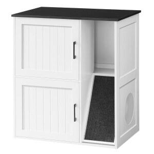 고양이 2마리를 위한 마한크리스 쓰레기통 인클로저, 스크래치 패드가 있는 숨겨진 가구, 이중 나무 화장실, 실내 집 끝 테이블, 흰색 및 검은색 CWBB3201