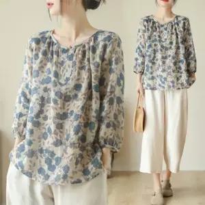 은창무드 네이비 플라워 넥셔링 7부 티셔츠 여름 상의 여름 퍼프 반팔 상의 블라우스 티셔츠 셔츠