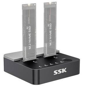 SSK NVMe SSD 클론, M.2 듀플리케이터 듀얼 베이 인클로저, 도구가 필요 없는 20Gbps USB3.2 Gen 2X2 to USB 어댑터 도킹 스테이션, M Key PCIe NVMeSSD 리더용 오프라인 클론 지원