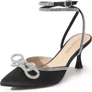 드림 페어 여성 펌프스 웨딩 브라이덜 파티 드레스 슈즈를 위한 키튼 힐 라인스톤 보우 발목 스트랩