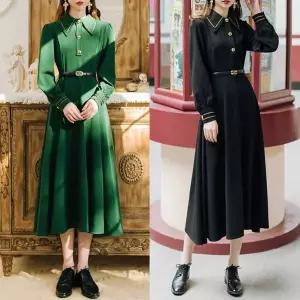 [에이치플러스몰]TBZ 프렌치 금장버튼 빅카라 긴팔 원피스(2color) 교복 복고풍의상