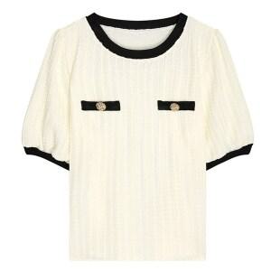 이사베이 여성용 배색 골드 버튼 반팔 블라우스 VIIBE7801