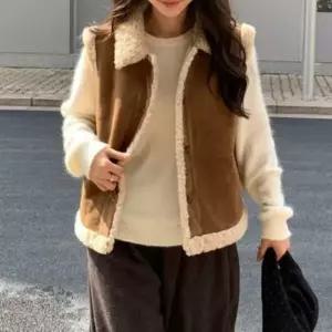 |CCJ6DE7|여성용 따뜻한 겨울 레이어드 양털 카라 무스탕 조끼