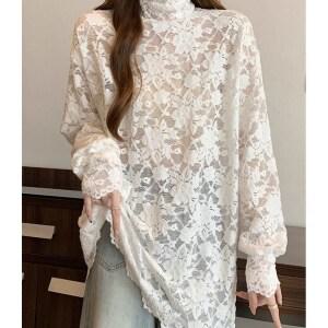 빛깃닥 레이스 장식 반목 티 여성 레이어드 이너 긴팔