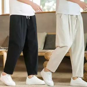 [RIZPICK]남성 린넨 밴딩 배기핏 바지 9부 여름 통바지 팬츠