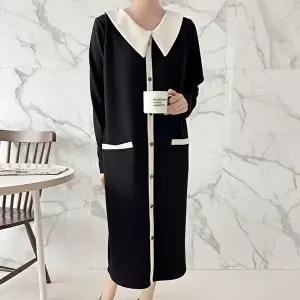 [신상오픈런]|KSO5A02|여성 배색 대카라 버튼 롱원피스 빅사이즈 봄 하객룩