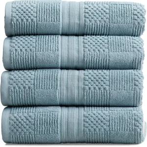 스프링트리 홈 100 코튼 목욕 타월 세트 4개 블루 기하학적 질감 디자인 흡수성 및 퀵 드라이 Oeko-TEX