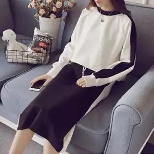 [의류] 상의 밴딩 배색 뒷트임 치마 세트 투피스st