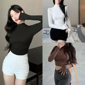 [셀러에이드]쉬즈데어티 반넥 슬림 크롭 가을 무지 폴라 글램 목폴라티 나시