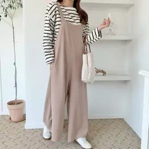 여자 폴리스판 루즈핏 와이드 민소매 점프슈트