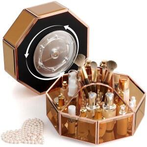 CORALHOUSE 360 향수 스피닝 스킨 정리함, 오거나이저 메이크업 화장대 홀더 조리대, 보관, 호박색 회전 브러시 케어, 및 포함, 욕실 화장품