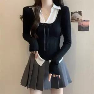 ZZSNXKFL008 여성 봄가을 긴팔 숏 패치 슬림핏 페이크 캐주얼 카라 니트