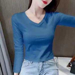 PVNQBTX022 빅 사이즈 봄가을 키작녀 세미크롭 브이넥 무지티셔츠