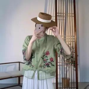 마킷3 여성 루즈핏 셔츠 여름 모시 만침 자수 블라우스 스탠드 칼라 퀄리티 백 오간자 상의 JEN1