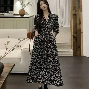 여성 A라인 플라워 브이넥 스프링 롱 원피스