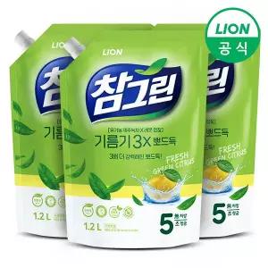 참그린 녹차 기름기 뽀드득 주방세제 1.2L리필 3개