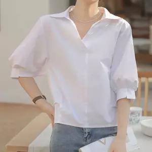 반팔셔츠 화이트 블라우스 카라넥 브이넥 소매끝 트임 FvR2+3pjw