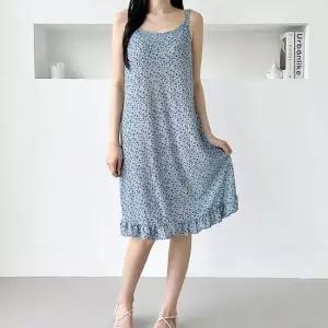 원피스 여자 까실이 소재 플라워 패턴 어깨 두줄 끈 홈웨어 원피스