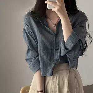 [퍼니메이커]세미 크롭 시스루 데일리 무드 긴팔 셔츠 블라우스 봄블라우스 여성브라우스 여성봄블라우스