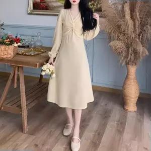 꼬임 원피스 하객 긴소매 휴양지 A라인 바캉스 롱