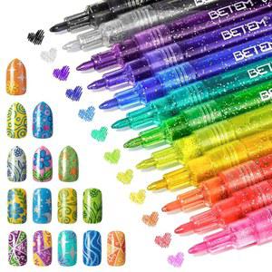 12가지 색상 글리터 네일 아트 펜 홈 살롱 그래피티 드라이 DIY 키트, 마커 매니큐어 세트, 폴리쉬 퀵 3D 도트 수성 디자인용, 잉크
