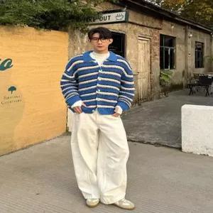 니트 가을 남친 칼라넥 카디건 터틀넥 스웨터 남백 스트라이프 상의 원픽3