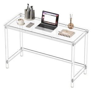 HMYHUM 아크릴 컴퓨터 책상, 노트북용 47인치 투명 홈 오피스 공부, 글쓰기, 원통형 다리가 있는 배니티 테이블, 현대적이고 간편한 조립