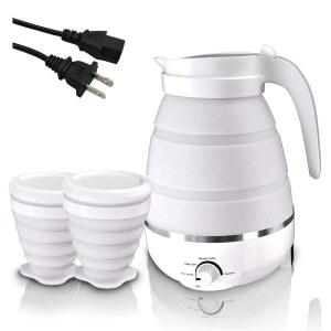 퀴빈 접이식 여행 주전자, 실리콘 휴대용 물 보일러 주전자 전기 600ML, 끓는 물을 담을 수 있는 냄비, 티 커피용 소형 캠핑 2컵 화이트