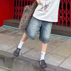 여사친 바지 데님 빈티지 청반바지 청바지 빅사이즈 워싱 반바지 일자 와이드 붐 5부 ST1