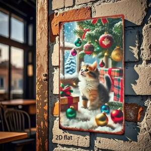 레트로 크리스마스 새끼 고양이 & 선물 금속 간판 8x12인치 - 집 농가 카페 장식을 위한 소박한 철제 벽