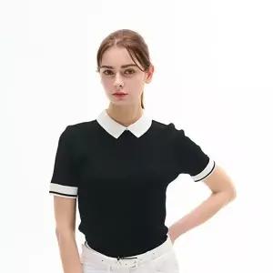 [루이까스텔]여성 원톤 솔리드 골지 카라 반팔 스웨터_P387256615