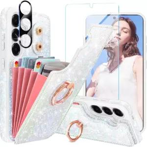 삼성 갤럭시 S25 케이스와 호환되는 케이스 윈드 월렛 스크린 프로텍터 카메라 렌즈 글리터 플립 5개의