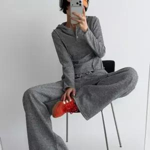 [옷자락]여자 골지 반버튼 크롭 슬림후드티 루즈 일자바지 세트