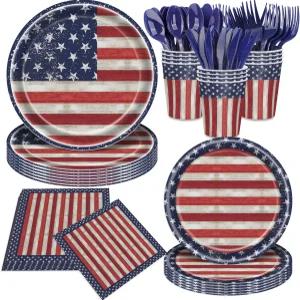 168Pcs 레트로 독립기념일 식기 세트 7월 4일 미국 현충일 장식용 접시 및 냅킨 성조기 패턴 애국 파티