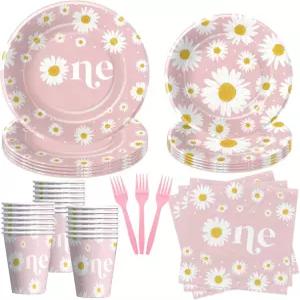 제노릭 데이지 첫 번째 생일 접시와 냅킨 파티 장식 식기 그루비 레트로 용품 종이 접시 컵 포크 24인분
