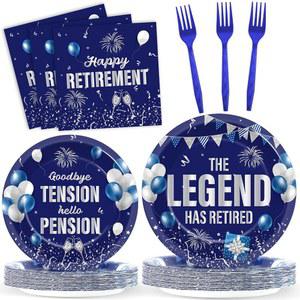 LONFLINESS 100피스 은퇴 파티 냅킨 블루 종이 디너웨어 실버 HAS RETIRED 접시 세트 25인용 네이비 여성 용품 선물 남성용 LEGEND 테마 식기 장식 THE