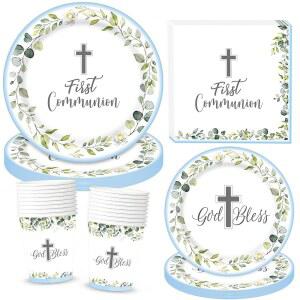 영성체 장식 종이 접시 용품 파티 블루 세례 냅킨 접시와 25인분