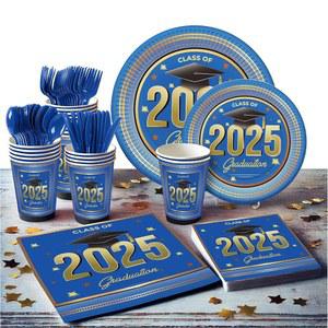 졸업 장식 클래스 오브 적합 2025년 2025 포함 완벽한 손님을 수업에 세트 24명의 냅킨 접시 커틀러리 일회용 종이 블루 식기 위한